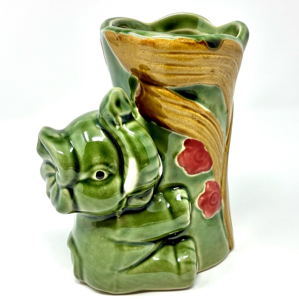 Vintage Ceramic Green Elephant Vase Glossy Finish Baby Elephant Planter